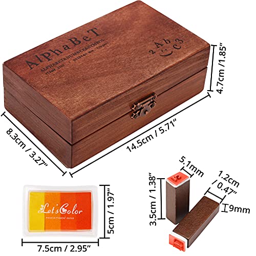 Kurtzy Sellos Letras, Números y Símbolos de Madera y Caucho – 6 Coloridos Almohadillas de Tinta y Caja Estilo Vintage – Sellos para Manualidades, Tarjetas, Álbum Recorte, Decorar – Sellos Multiusos