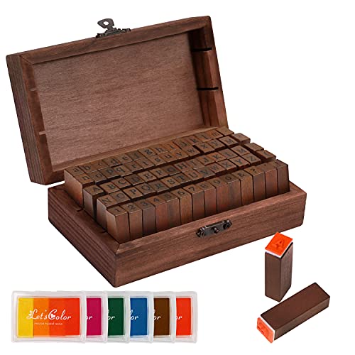 Kurtzy Sellos Letras, Números y Símbolos de Madera y Caucho – 6 Coloridos Almohadillas de Tinta y Caja Estilo Vintage – Sellos para Manualidades, Tarjetas, Álbum Recorte, Decorar – Sellos Multiusos