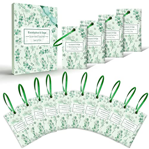 LA BELLEFÉE Sobres Perfumadas, Bolsitas aromáticas de eucalipto y Salvia para Autos, cajones, armarios y Control de olores, Paquete de 14