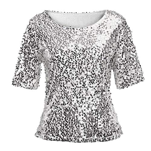 Lentejuelas de Las Mujeres Costura Suelta Casual Manga Corta Cuello Redondo Camiseta Top Performance Sudadera Camiseta Casual Elegantes riou