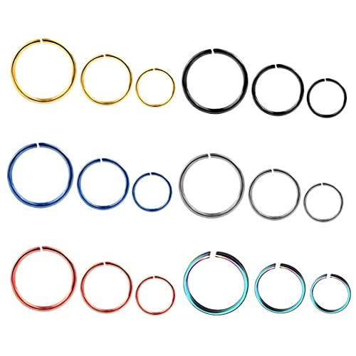 Liuxn 18 Piezas de Aro de Nariz de Acero Inoxidable 20 Gauge Anillo Pendiente para Piercing de Cuerpo, 6 Colores, 3 Tamaños