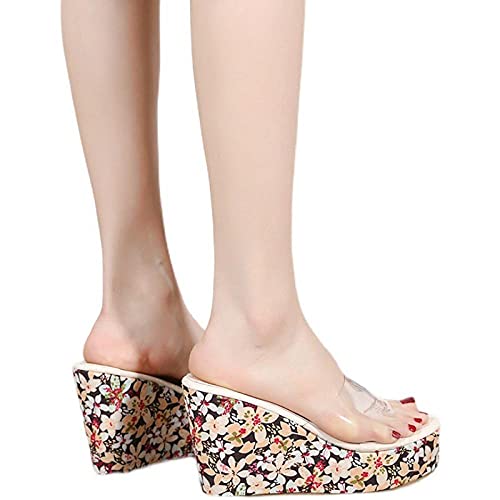 LLRR Piscina Zapatos Casa Casa Diapositiva, Nueva pendiente engrosamiento con zapatillas, idílica flor verde película sandalias de tacón alto UK5, sandalias planas Peep Toe