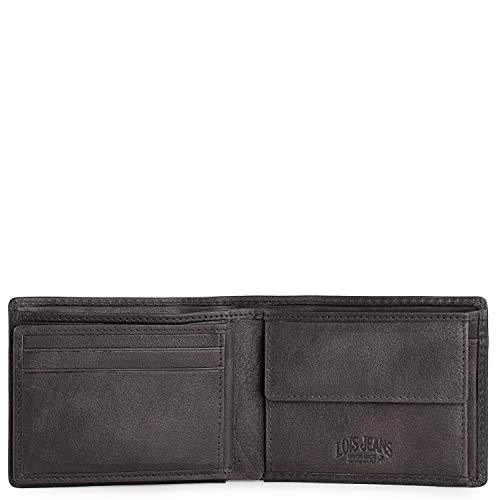 Lois - Cartera de Hombre con Monedero y Billetera, Cuero Piel Natural Cartera Delgada Tarjetero con 8 Ranuras + 1 Bolsillo Monedas + 2 Apartado Billetes Protección RFID 201411, Color Marrón Oscuro
