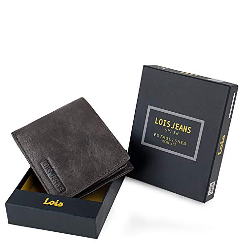 Lois - Cartera de Hombre con Monedero y Billetera, Cuero Piel Natural Cartera Delgada Tarjetero con 8 Ranuras + 1 Bolsillo Monedas + 2 Apartado Billetes Protección RFID 201411, Color Marrón Oscuro