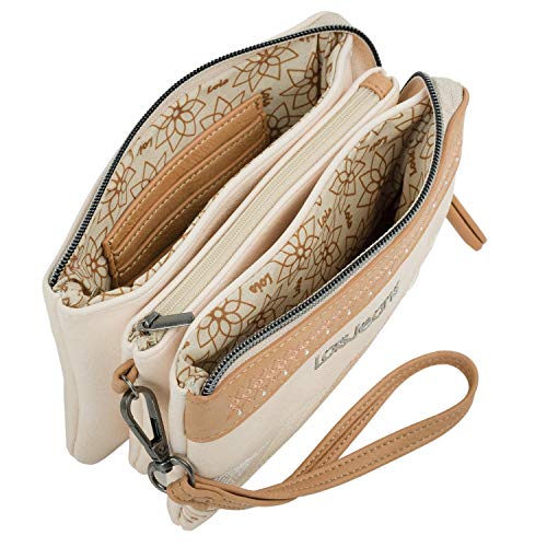 Lois - Cartera de Mano Mujer Piel Vegana Pequeña de Marca LOIS con Monedero y 3 Compartimentos, el Central con Cierre Cremallera. Asa de Mano Adicional 310719, Color Beige