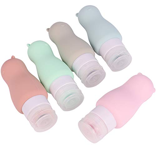 LUOEM 5 Piezas 90 Ml Botellas de Viaje de Silicona Animal de Dibujos Animados Envases Cosméticos a Prueba de Fugas Botella de Loción Recargable con Tapa Abatible (Oso)
