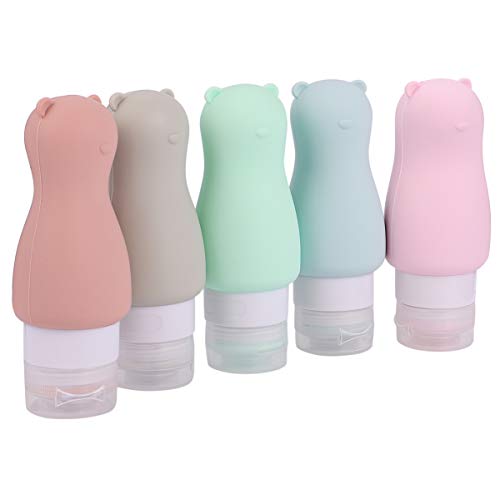 LUOEM 5 Piezas 90 Ml Botellas de Viaje de Silicona Animal de Dibujos Animados Envases Cosméticos a Prueba de Fugas Botella de Loción Recargable con Tapa Abatible (Oso)