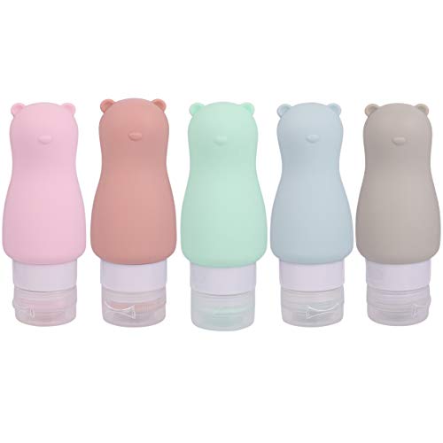 LUOEM 5 Piezas 90 Ml Botellas de Viaje de Silicona Animal de Dibujos Animados Envases Cosméticos a Prueba de Fugas Botella de Loción Recargable con Tapa Abatible (Oso)