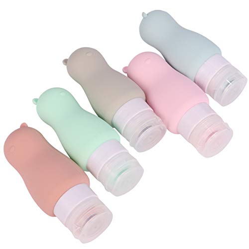 LUOEM 5 Piezas 90 Ml Botellas de Viaje de Silicona Animal de Dibujos Animados Envases Cosméticos a Prueba de Fugas Botella de Loción Recargable con Tapa Abatible (Oso)