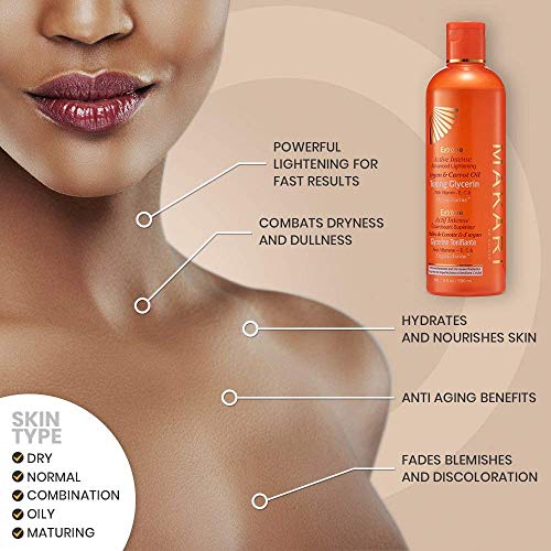 Makari Extrema Zanahoria y Aceite de Argán de la Piel Tonificación Glicerina 16oz - Lightening & Apriete Humectante para Rostro y Cuerpo con Organiclarinetm, Whitening Tratamiento para Manchas oscuras