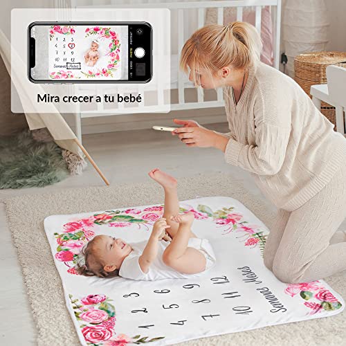 Manta Meses Bebé En Español | Manta Bebe Personalizada, Unisex | Tema De Flores Y Hojas | Regalo Personalizado De Nacimiento para Nuevas Mamás | Manta Mensual Bebe | Incluye Marcos De Colores