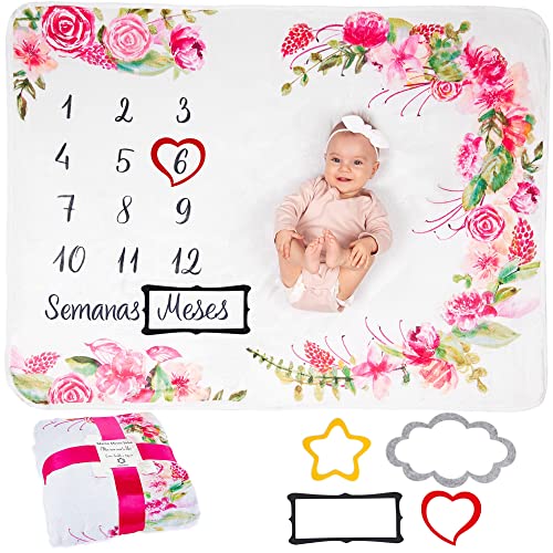 Manta Meses Bebé En Español | Manta Bebe Personalizada, Unisex | Tema De Flores Y Hojas | Regalo Personalizado De Nacimiento para Nuevas Mamás | Manta Mensual Bebe | Incluye Marcos De Colores