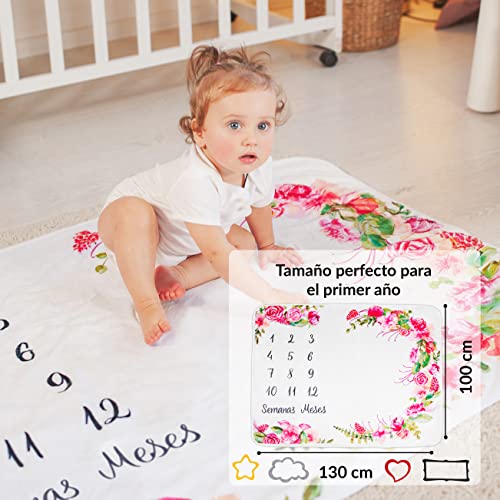Manta Meses Bebé En Español | Manta Bebe Personalizada, Unisex | Tema De Flores Y Hojas | Regalo Personalizado De Nacimiento para Nuevas Mamás | Manta Mensual Bebe | Incluye Marcos De Colores