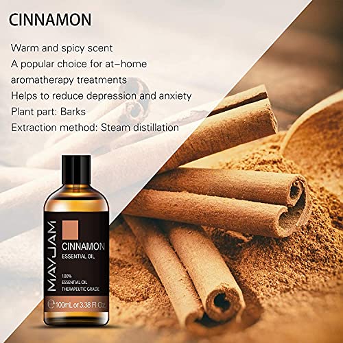 MAYJAM Aceites Esenciales de Canela 100 ml, 100% Aceites Esenciales Naturales Puros, Aceite Esencial de Aromaterapia de Grado Terapéutico, Aceites de Fragancia para Difusor Humidificador Relajación