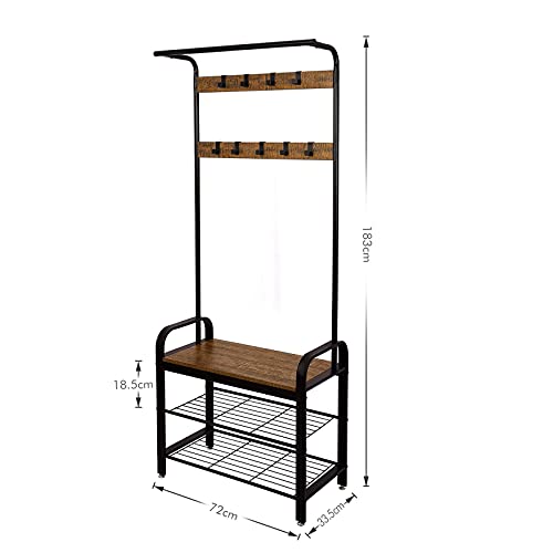Meerveil Perchero de Pie, Zapatero Entrada Recibidor, Vintage Perchero con Banco, Espacio de Almacenaje, 9 Gancho, Metal, 72 x 34 x 183 cm, Retromarrón-negro