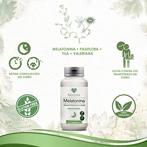 MELATONINA PURA 1,8MG | 60UD | FÓRMULA PREMIUM | Rápida conciliación del sueño | Lucha contra los trastornos del sueño | Revierte el JetLag | Enriquecido con Pasiflora + Tila + Valeriana | NATURAL
