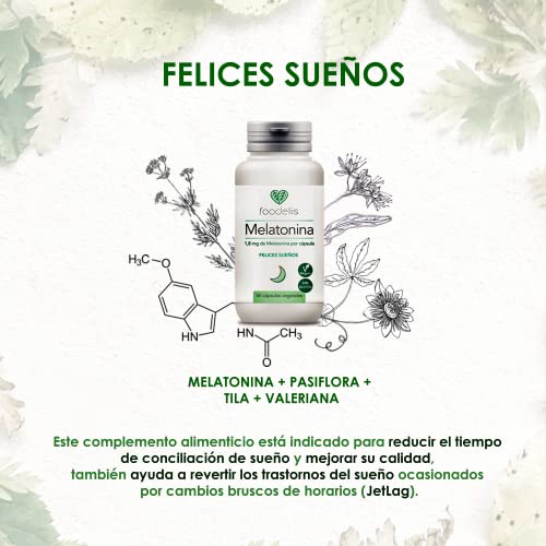 MELATONINA PURA 1,8MG | 60UD | FÓRMULA PREMIUM | Rápida conciliación del sueño | Lucha contra los trastornos del sueño | Revierte el JetLag | Enriquecido con Pasiflora + Tila + Valeriana | NATURAL