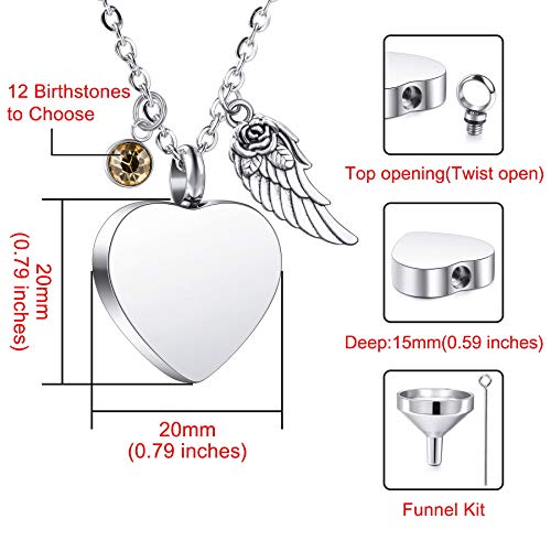 MeMeDIY Colgante de ala de ángel Personalizado corazón urna Collar Grabado Foto/Nombre Piedras natales para Hombres Mujeres Mascota Acero Inoxidable Cenizas Embudo Kit