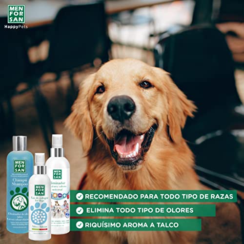 MENFORSAN Pack Higiene y Belleza para Perros Champú Eliminador de olores 300ml, Colonia Talco para Perros 125ml, Eliminador de olores para el hogar y Entorno de Mascotas 250ml, Rico Aroma a Talco