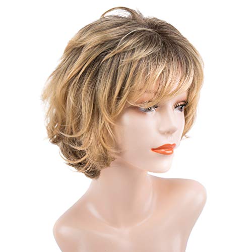 Minkissy Peluca Corta Rizada Amarilla Peluca Delantera de Encaje Peluca Natural Realista Pelo Sintético Resistente Al Calor