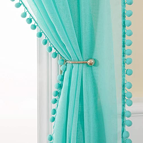 MIULEE Cortinas Salon Visillos con Pompones para Ventana Habitacion Cortina Translucida Poliéster de Ollaos Decoracion para Dormitorio Visillo Moderno Comedor Cocina 2 Hojas 140x145cm Turquesa