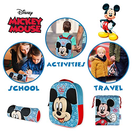 Mochila Infantil 3D, Estuche Escolar y Bolsa Merienda de Cuerdas – Mickey Mouse | Mochilas Escolares para Niños y Niñas de 3 Años | Material Escolar Vuelta al Cole de Mickey Mouse