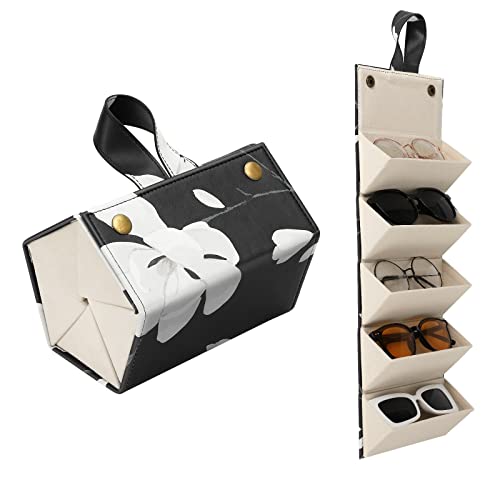 MoKo Estuche de Gafa para Almacenar 5 Anteojos, Gafas de Sol Presentación Gafas Pantalla, Organizador Portátil Caja de Cuero para Gafas Estuche para Guardar para Hombre y Mujer, Negro/Blanco Magnolia