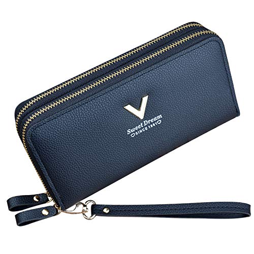Monedero de Mujer con Doble Cremallera Monedero Cartera de Cuero PU Billetera del Teléfono Cartera de Embrague Larga de Gran Capacidad Billetera con Múltiples Ranuras para Tarjeta Billetera (Negro2)