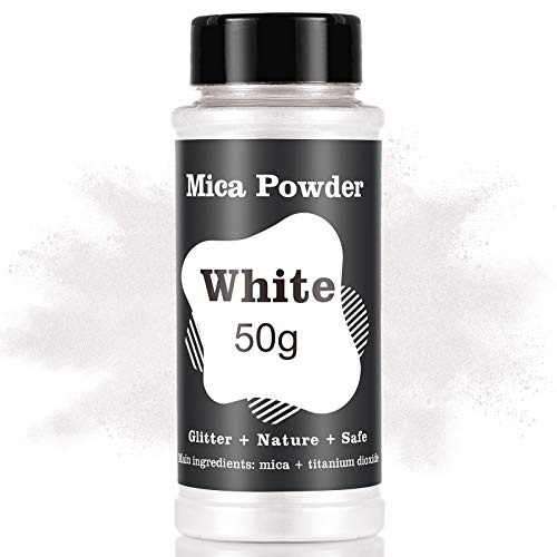 MOSUO Pigmentos en polvo de mica, 50 g de tinte de jabón en polvo de resina epoxi, purpurina mineral natural con brillo metálico para bombas de baño, pintura artística de poliuretano, Blanco