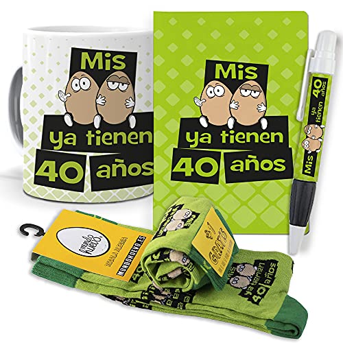 mundohuevo Super Regalo Personalizado para 40 cumpleaños Hombre. Mis Huevos ya Tienen 40 años. Taza, libreta, boli y Trio de Calcetines