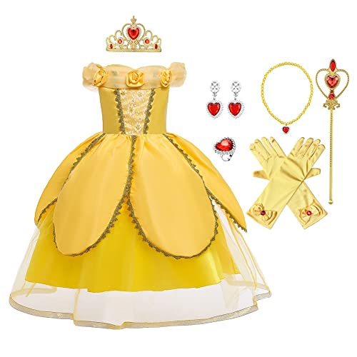 MYRISAM Disfraz de Carnaval Vestidos de Princesa Belle para Niñas Traje de Halloween Navidad Cumpleaños Fiesta Ceremonia Aniversario Bella y Bestia Costume con Accesorios 3 años
