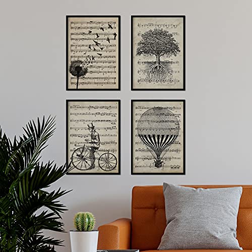 Nacnic Pack 4 Láminas Decorativas para Enmarcar en Blanco y Negro con Partituras | Láminas de Pared Vintage para Habitación, Salón, Baño... | Láminas en Papel A4 21x29,7cm | Sin Marco