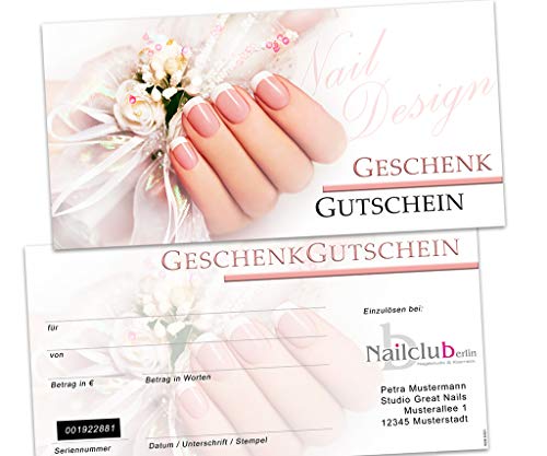 Nailclub Berlin 10 Tarjetas de cupones de Regalo salón de manicura, Acabado Brillante con número de Serie holográfica