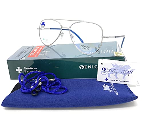 New Model Gafas de lectura con filtro bloqueo luz azul para gaming, ordenador, móvil. ULTIMA MODA Anti fatiga PILOTO unisex venice (Silver Blue, +3,00)