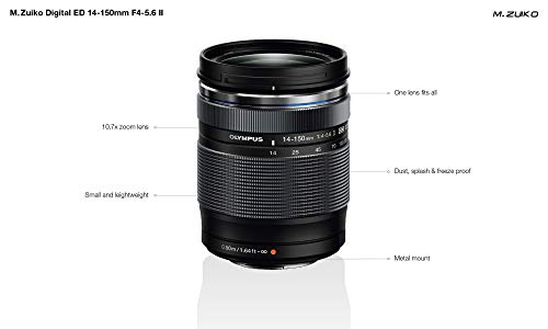 Objetivo Olympus M.Zuiko Digital ED 14 - 150 mm F4 - 5.6 II, zoom estándar, adecuado para todas las cámaras MFT (modelos Olympus OM-D & PEN, serie G de Panasonic), negro