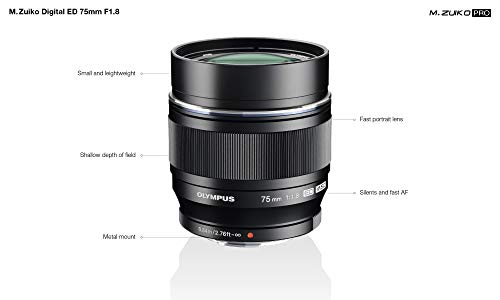 Objetivo Olympus M.Zuiko Digital ED 75 mm F1.8, longitud focal fija rápida, apto para todas las cámaras MFT (modelos Olympus OM-D & PEN, serie G de Panasonic G), negro