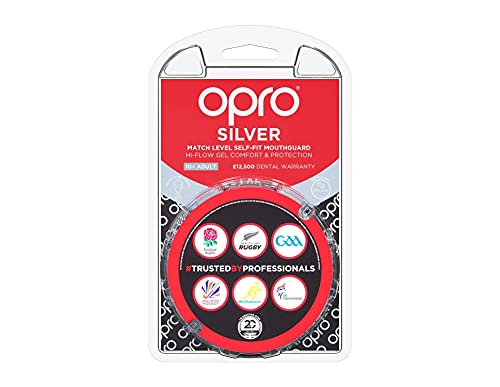 OPRO Protector Bucal Self-Fit Silver - para Rugby, Hockey, Lacrosse, fútbol Americano, Baloncesto y más - Fabricado en Reino Unido (Rojo/Azul, Adulto)