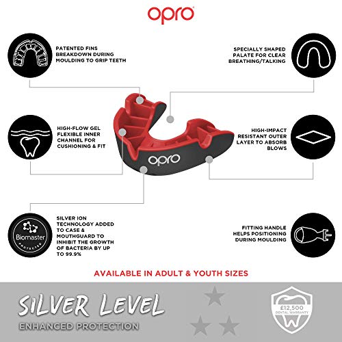 OPRO Protector Bucal Self-Fit Silver - para Rugby, Hockey, Lacrosse, fútbol Americano, Baloncesto y más - Fabricado en Reino Unido (Rojo/Azul, Adulto)