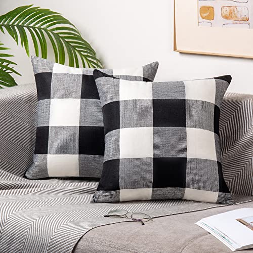 ORANIFUL Funda de Cojín de Tartán Juego de 2 Fundas de Almohada Cuadradas Decorativa Lino para Hogar Sofá Silla Cama Sala de Estar Dormitorio 55x 55cm 2 Piezas (Negro&Blanco)