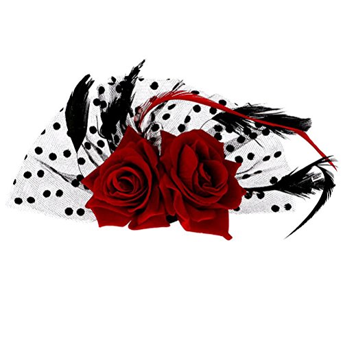OULII Plumas diadema flor diadema diadema Fascinator nupcial flor rosa roja puntos pelo Clips sombreros boda suministros accesorios de vestir fiesta disfraces, regalo de la Navidad (rojo)