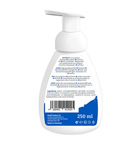 PAEDIPROTECT Jabón de manos líquido Niños Adultos 250 ml, sin perfume e hidratante, jabón antibacteriano con aloe vera y glicerina, limpiador, inmunitario y regenerador, jabón de manos vegano