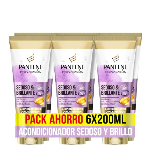 Pantene Pro-V Miracles Sedoso & Brillante, Acondicionador Para Pelo Con Biotina + Proteína De Seda Hidrolizada Para Pelo Dañado, Excesivamente Tratado O Con Mechas, 200ml x6