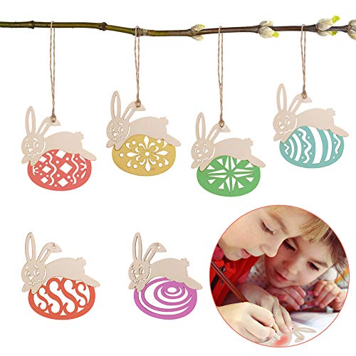 Pascua De Madera Colgante LLMZ 18 PCS Conejo Colgante Madera Decoración Recortes de Madera de Huevo Colgantes Golosinas Etiquetas de Regalo con Cuerdas