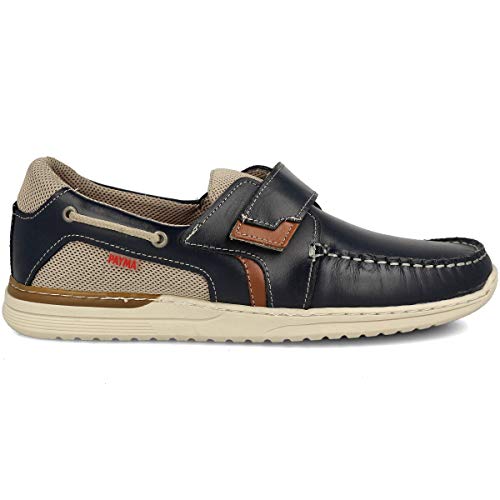 PAYMA - Zapatos Casual Sport Hombre de Piel. Náuticos Deportivos. Plantilla e Interior Acolchado. Piso de Goma. Tallas Grandes 45 46 47. Cierre Cordones o Velcro. Color: Azul Velcro; Talla: EU 41