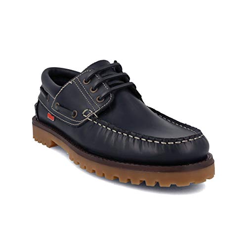PAYMA - Zapatos Nauticos Sport Casual Hombre. Clasicos 3-Ojales de Piel. Piso de Goma. Cierre Cordones y Velcro, Azul marino, EU 39
