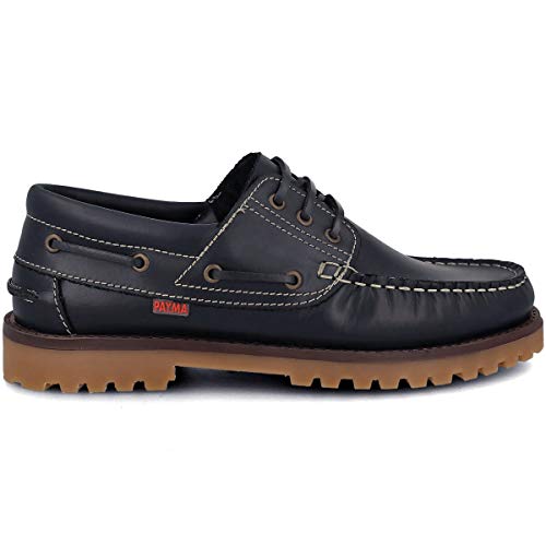 PAYMA - Zapatos Nauticos Sport Casual Hombre. Clasicos 3-Ojales de Piel. Piso de Goma. Cierre Cordones y Velcro, Azul marino, EU 39