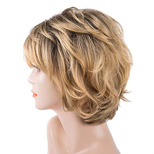 Peluca corta moderna de pelo humano con cabello ondulado de color rubio dorado para mujer, cabello humano real resistente al calor
