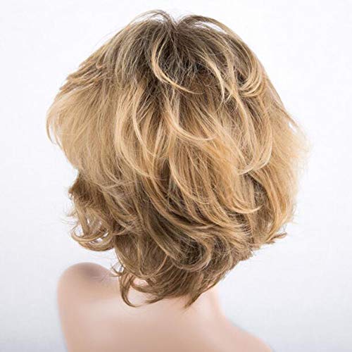 Peluca corta moderna de pelo humano con cabello ondulado de color rubio dorado para mujer, cabello humano real resistente al calor