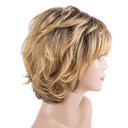 Peluca corta moderna de pelo humano con cabello ondulado de color rubio dorado para mujer, cabello humano real resistente al calor