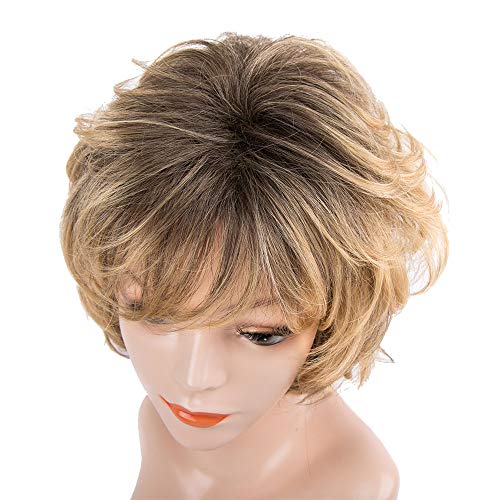 Peluca corta moderna de pelo humano con cabello ondulado de color rubio dorado para mujer, cabello humano real resistente al calor
